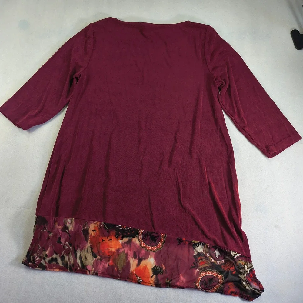 Chico's Asymmetrical Tunic Top Red Floral Chiffon Hem‎ 3/4 Sleeve Blouse Size M